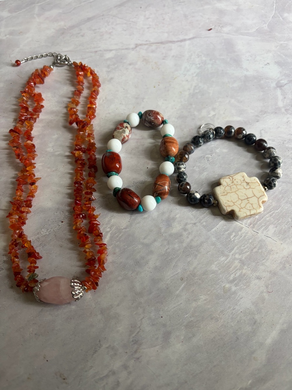 Handcrafted Orange Carnelian Chip Necklace with Rose Quartz Accent & two bracele
